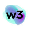 A modern logo featuring a stylized 'w3' in bold black text against a soft, colorful background.